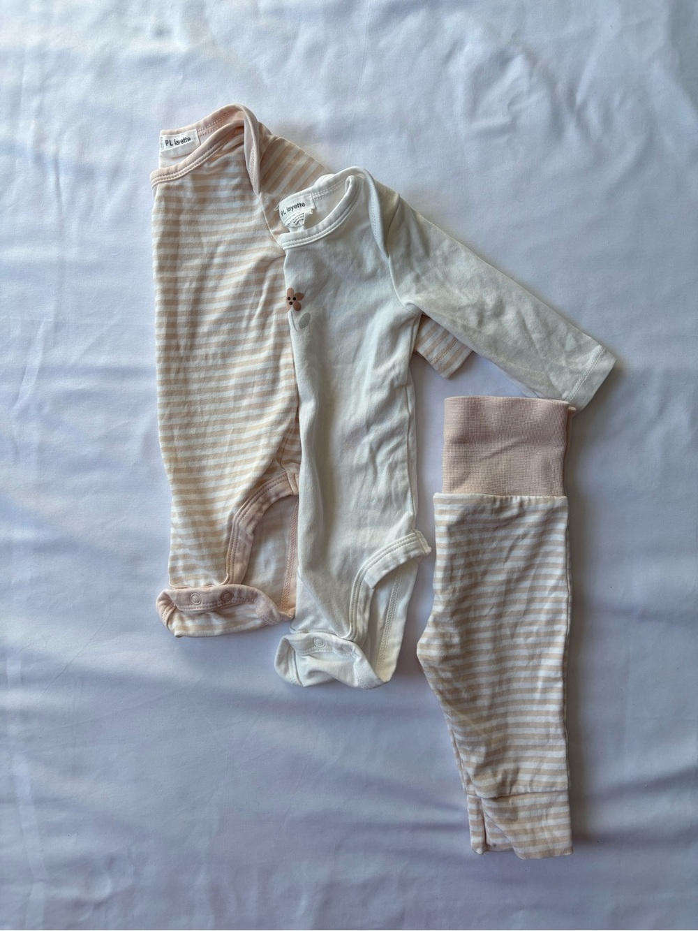 Petit Lem Cream and Pale Pink Striped Baby One-Piece Set